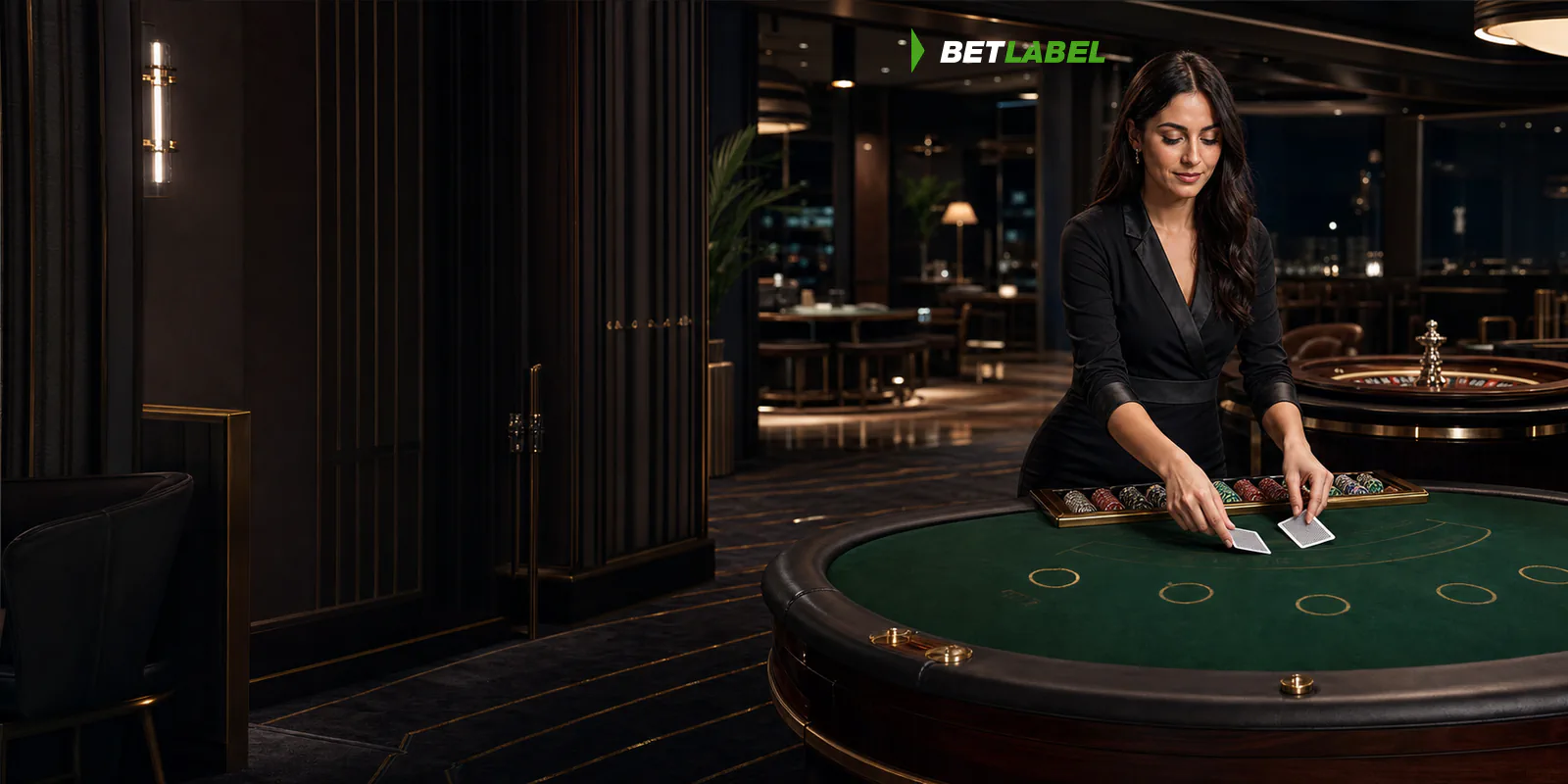 Una croupier serve un tavolo da casinò live