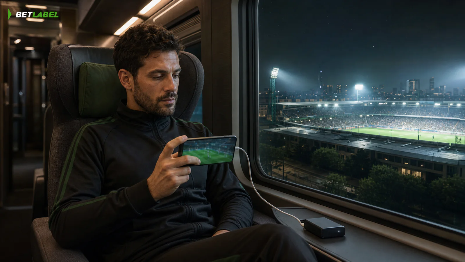 Un tifoso adulto usa BetLabel sullo smartphone in carica durante un viaggio in treno