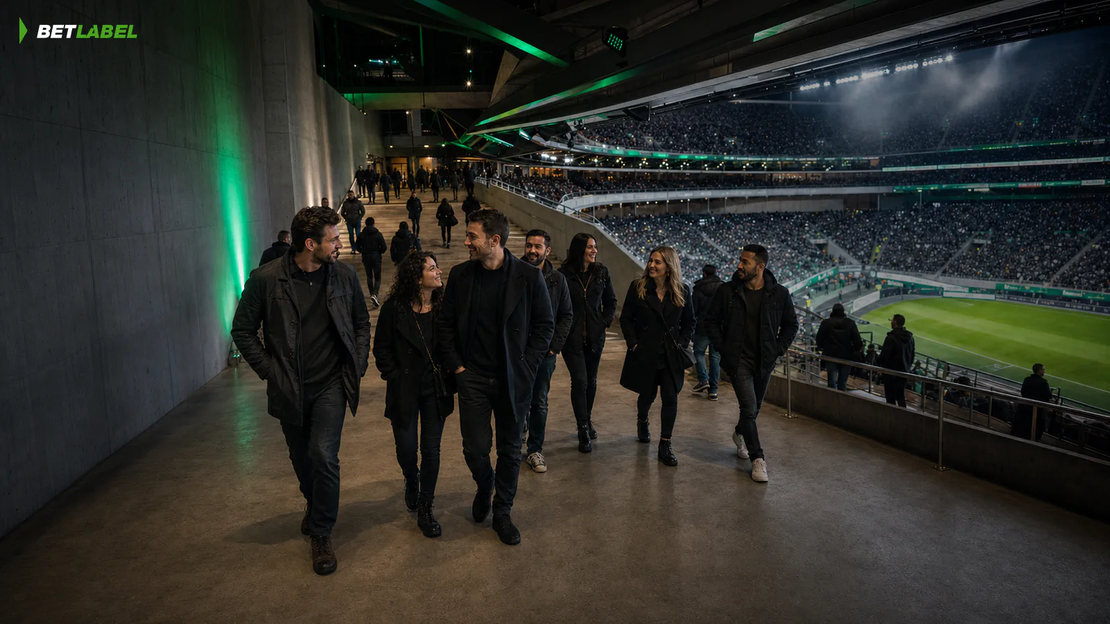 Tifosi salgono verso le tribune illuminate di uno stadio
