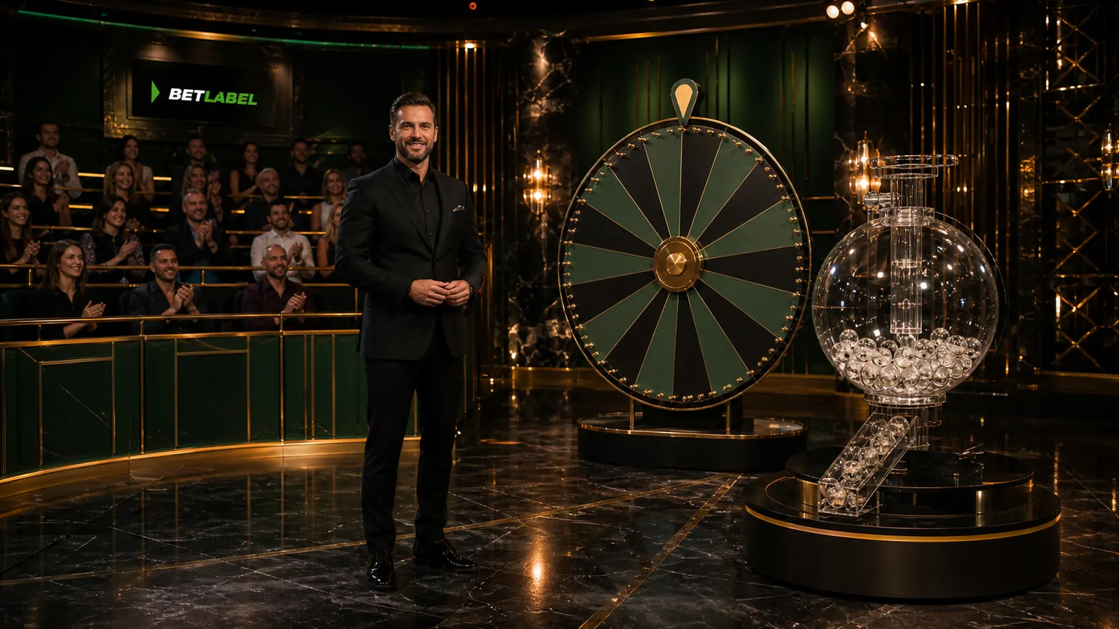 Una moderna sala con ruota dei premi, bingo e un presentatore adulto