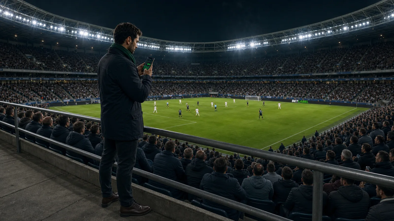 Un tifoso adulto segue una partita dal vivo sullo smartphone