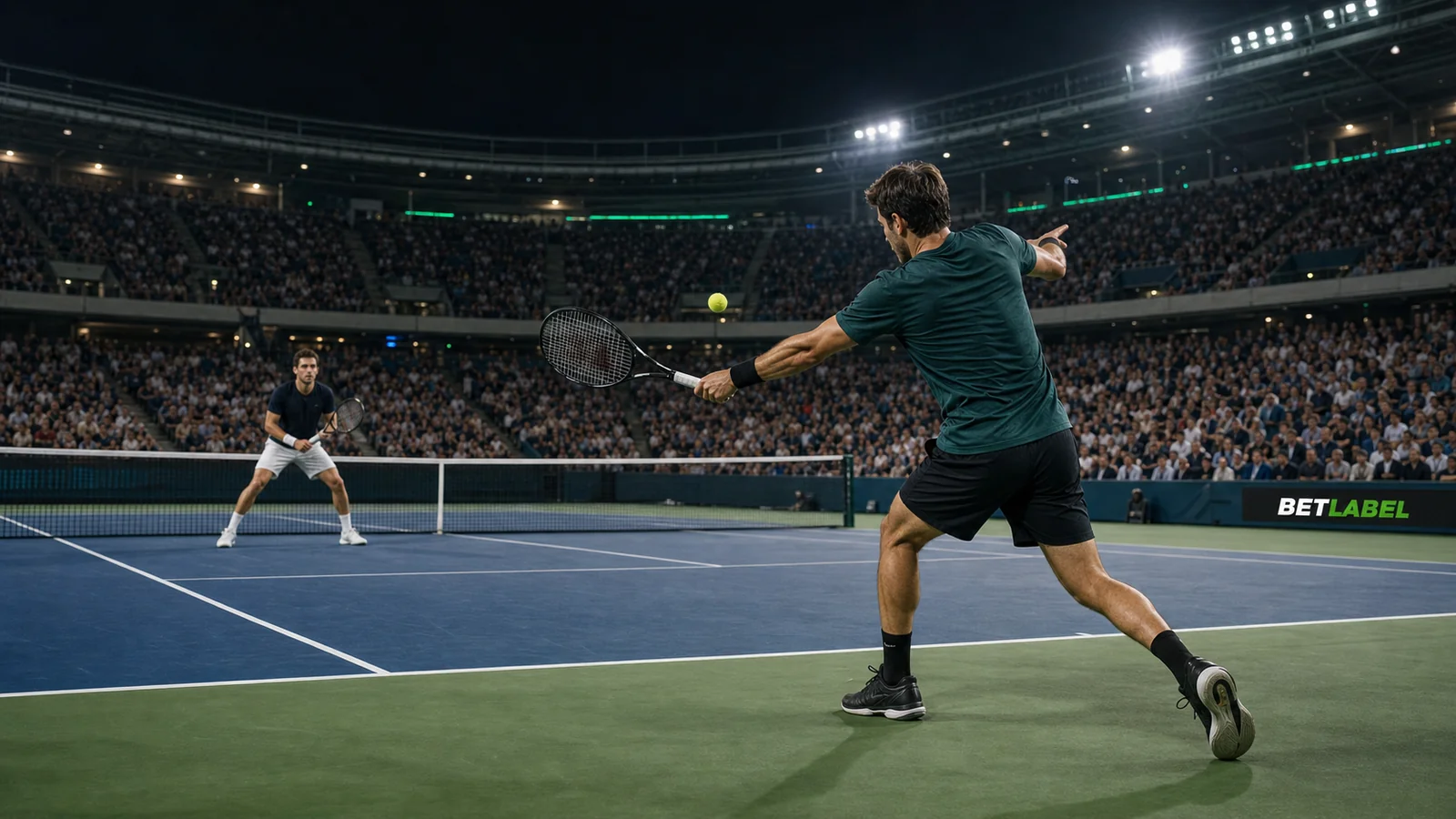 Due tennisti adulti disputano uno scambio in uno stadio serale